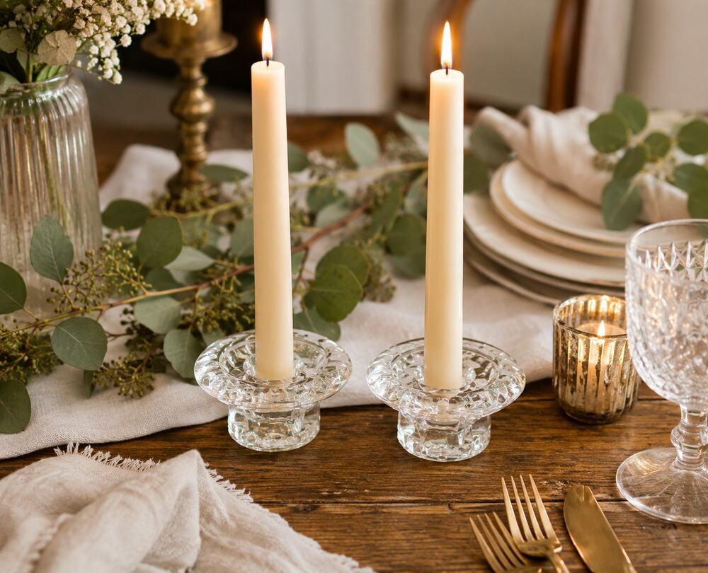 Vintage Clear Pressed Glass Taper Candle Holders Pair Made in Indonesia